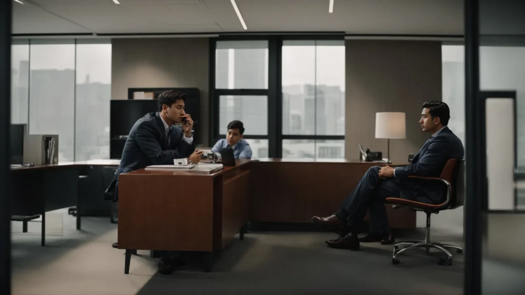 a concerned worker consulting with a lawyer in an office setting.