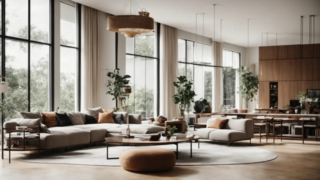 a spacious living room with modern furniture and abundant natural light pouring in through large windows.