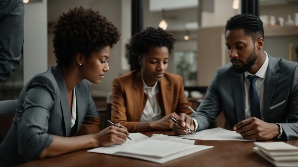 a compassionate family law attorney and a concerned couple sit together at a table, discussing documents.