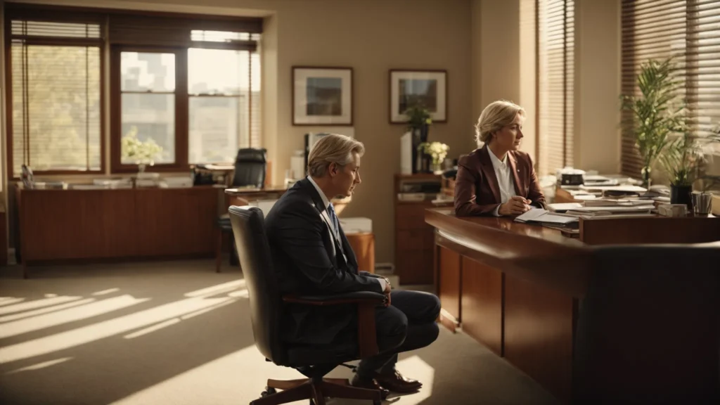 a concerned parent consults with a compassionate attorney in a sunlit office.