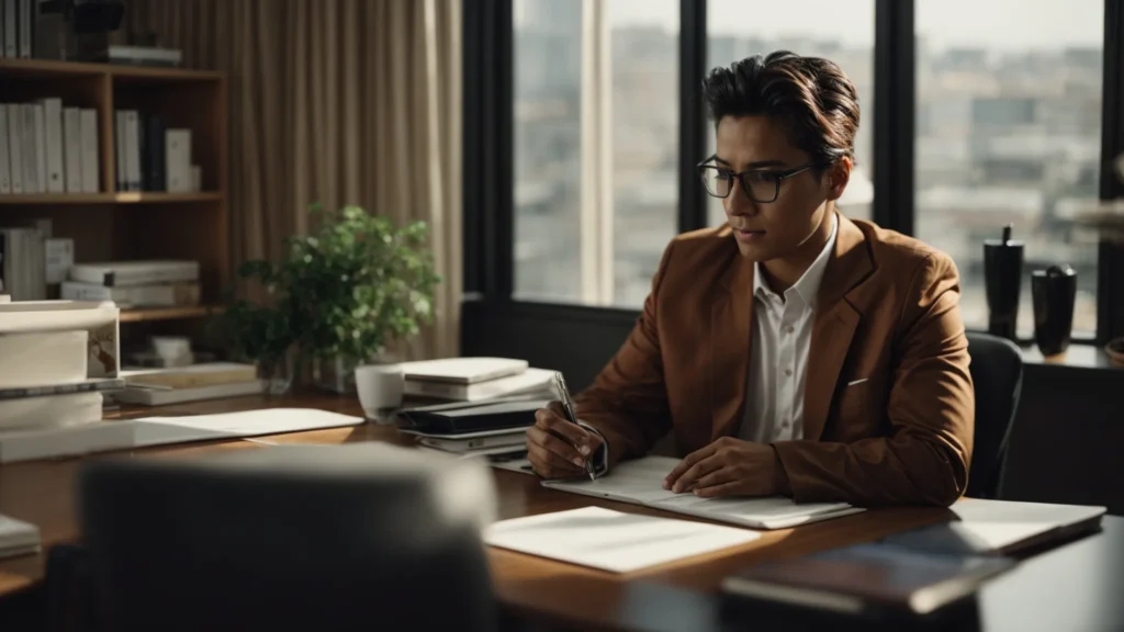 a person sitting at a desk, consulting with a professional in a tidy office.