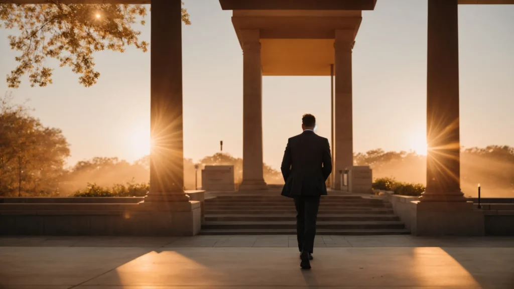 a person walks away from a courthouse into a bright sunrise, symbolizing a fresh start.