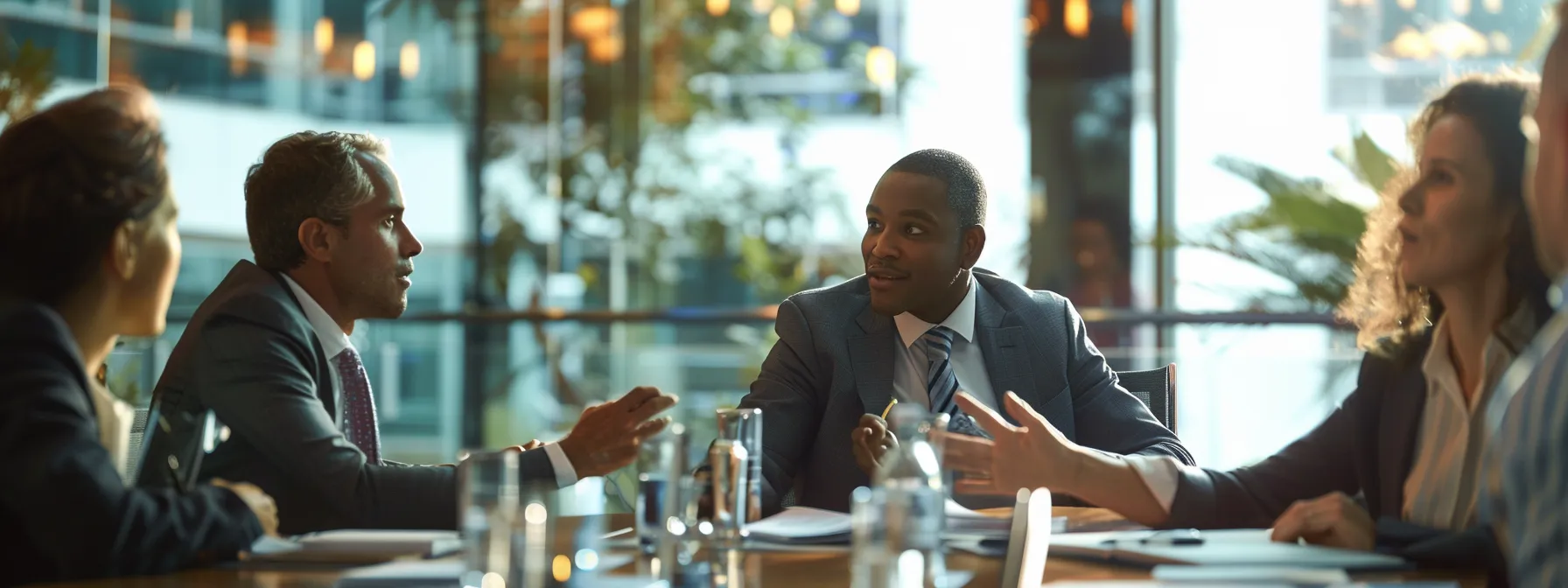 a group of business professionals in a boardroom discussing their enhanced search capabilities using the salesforce connector.