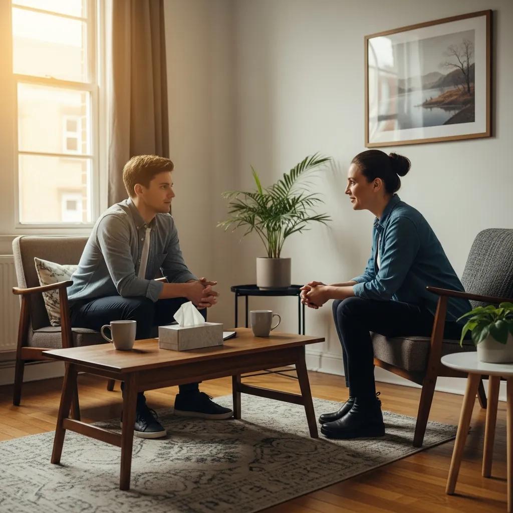 Counselor supporting a victim of human rights violations, illustrating the role of transitional justice in healing