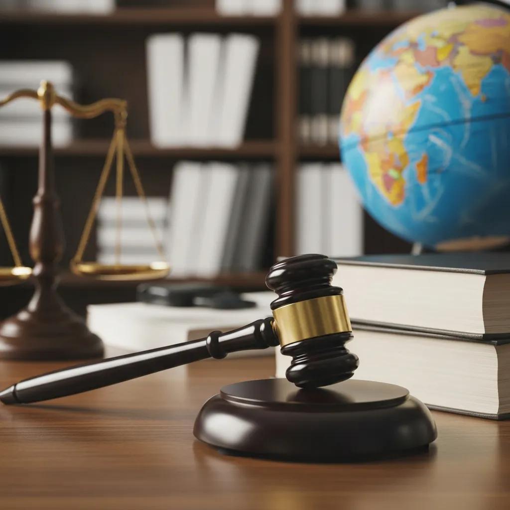 Gavel and legal books representing international human rights law frameworks in a law office